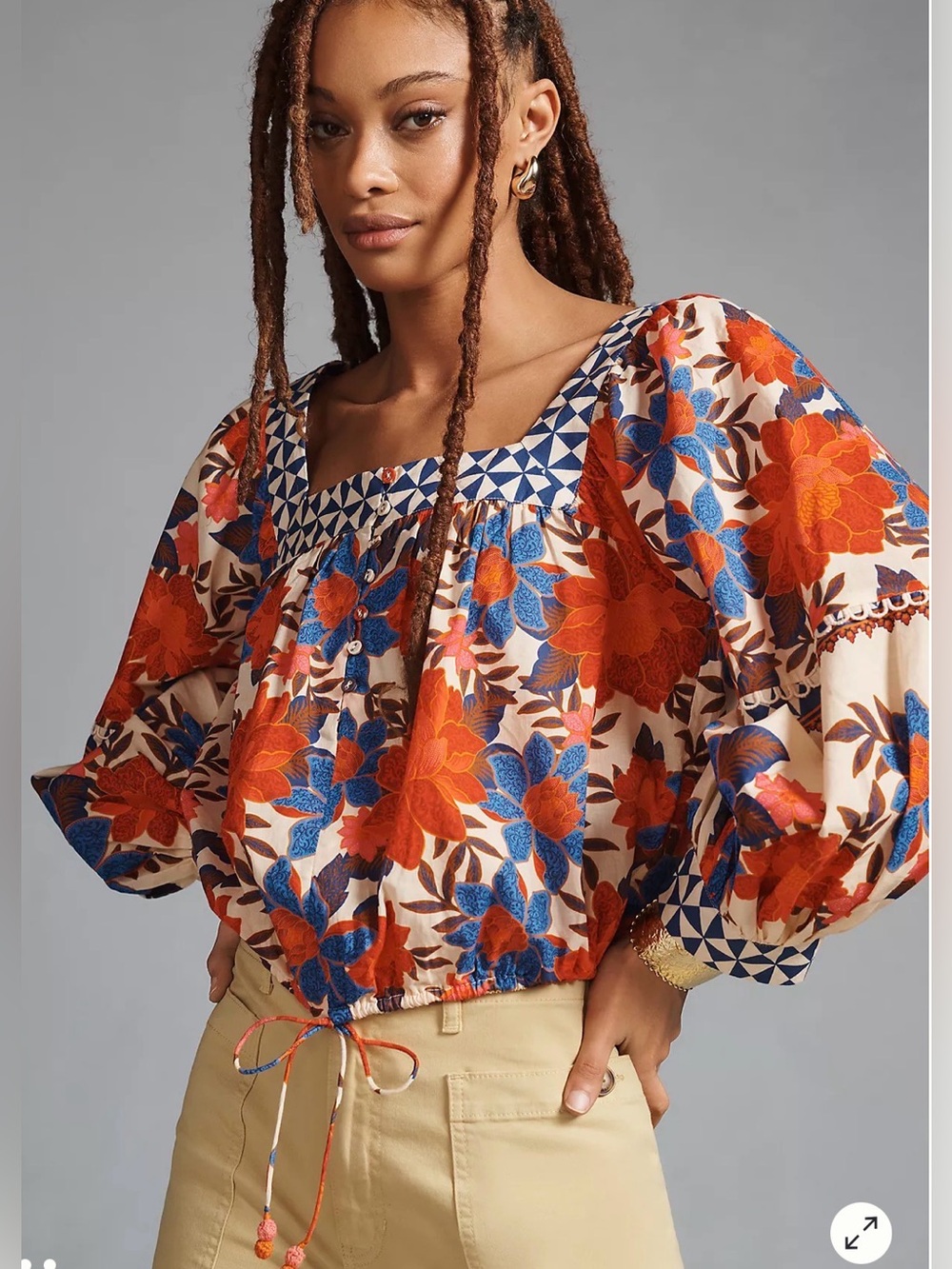 Farm Rio x Anthropologie Floral Peasant Top in Rust Orange & Royal Blue Sz Sm - Picture 1 of 11